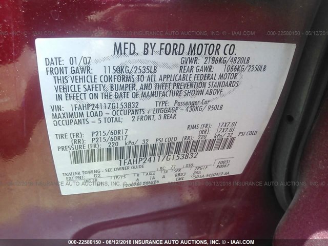 1FAHP24117G153832 - 2007 FORD FIVE HUNDRED SEL RED photo 9