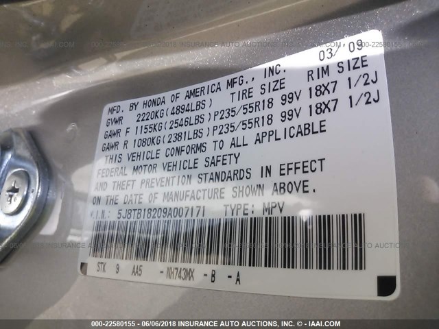 5J8TB18209A007171 - 2009 ACURA RDX SILVER photo 9