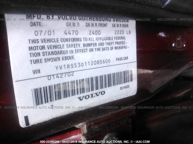 YV1RS53D112085606 - 2001 VOLVO S60 T5 RED photo 9