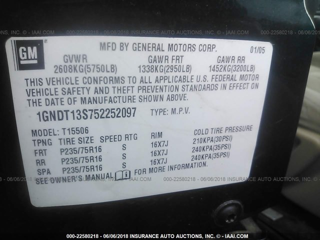 1GNDT13S752252097 - 2005 CHEVROLET TRAILBLAZER LS/LT GREEN photo 9