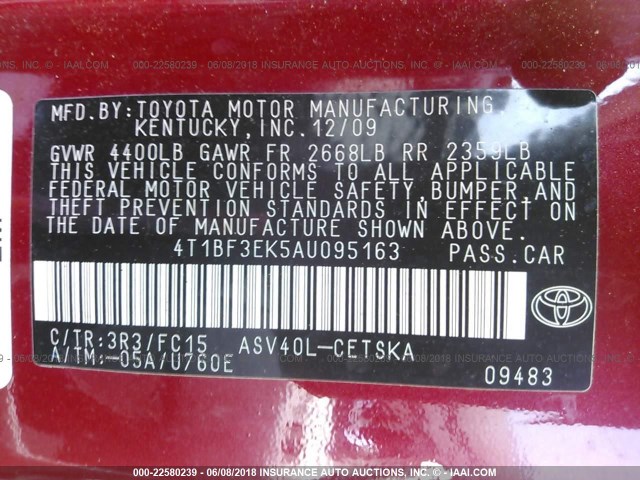 4T1BF3EK5AU095163 - 2010 TOYOTA CAMRY SE/LE/XLE წითელი ფოტო 9
