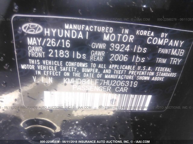 KMHD84LF7HU206319 - 2017 HYUNDAI ELANTRA SE/VALUE/LIMITED BLACK photo 9