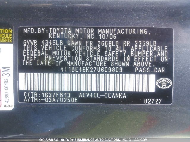 4T1BE46K27U609809 - 2007 TOYOTA CAMRY NEW GENERATION CE/LE/XLE/SE GRAY photo 9