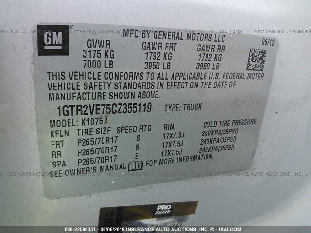 1GTR2VE75CZ355119 - 2012 GMC SIERRA K1500 SLE SILVER photo 9