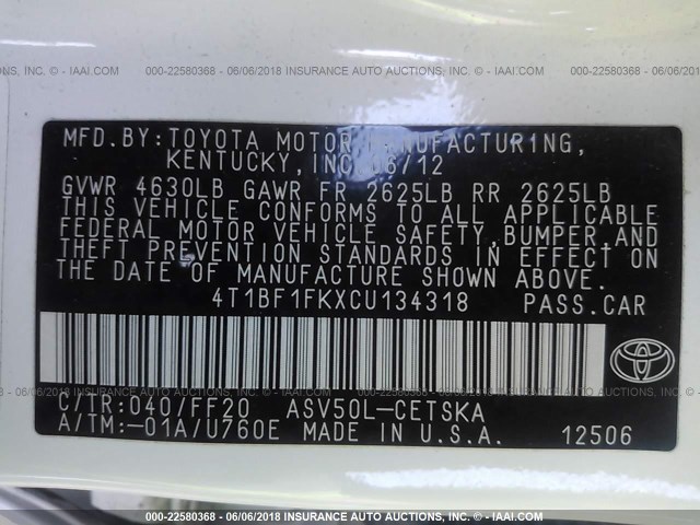 4T1BF1FKXCU134318 - 2012 TOYOTA CAMRY SE/LE/XLE 白色 照片 9