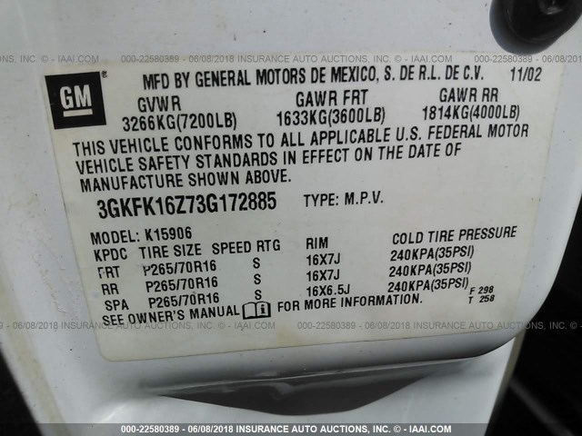 3GKFK16Z73G172885 - 2003 GMC YUKON XL K1500 WHITE photo 9