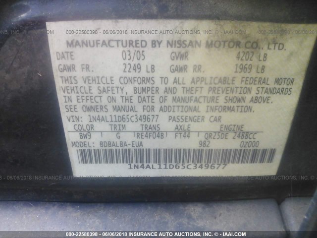 1N4AL11D65C349677 - 2005 NISSAN ALTIMA S/SL 蓝色 照片 9