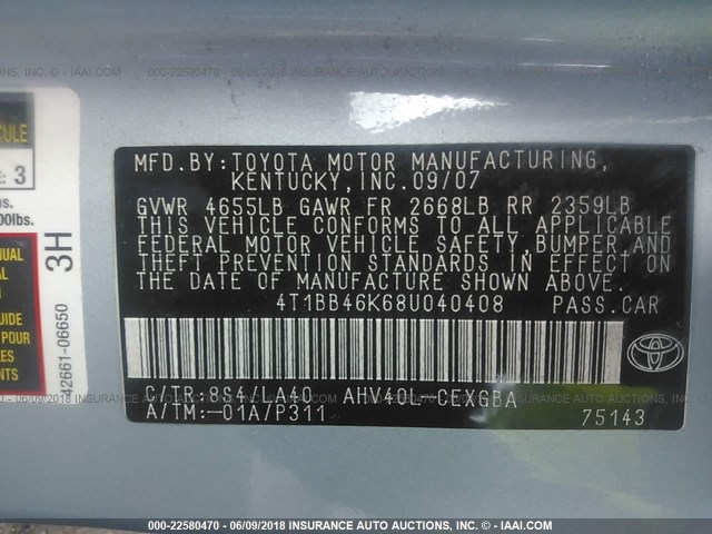 4T1BB46K68U040408 - 2008 TOYOTA CAMRY HYBRID Light Blue photo 9