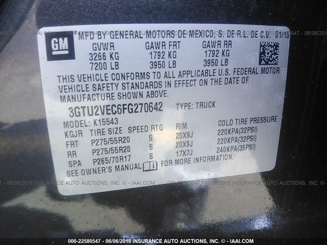 3GTU2VEC6FG270642 - 2015 GMC SIERRA K1500 SLT GRAY photo 9