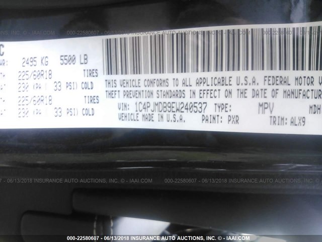 1C4PJMDB9EW240537 - 2014 JEEP CHEROKEE LIMITED BLACK photo 9