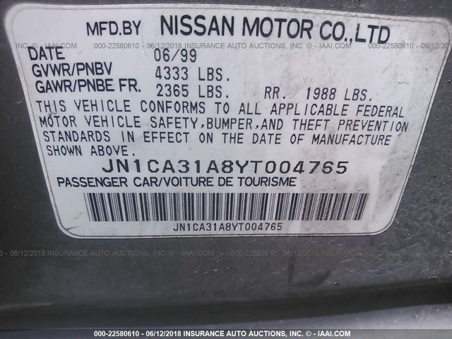 JN1CA31A8YT004765 - 2000 NISSAN MAXIMA GLE/GXE/SE SILVER photo 9