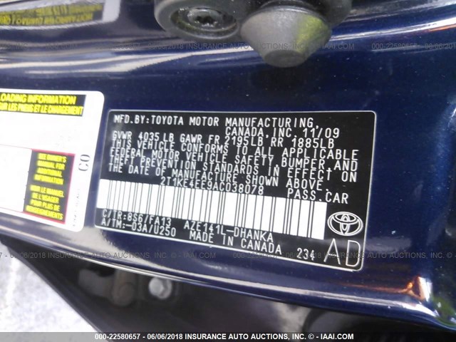 2T1KE4EE9AC038078 - 2010 TOYOTA COROLLA MATRIX S BLUE photo 9