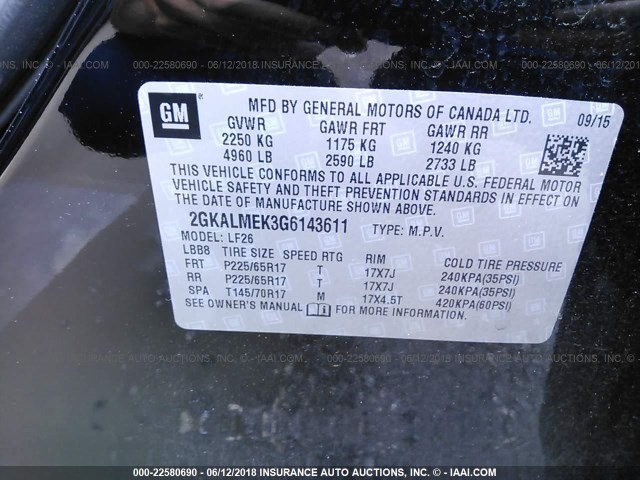 2GKALMEK3G6143611 - 2016 GMC TERRAIN SLE BLACK photo 9