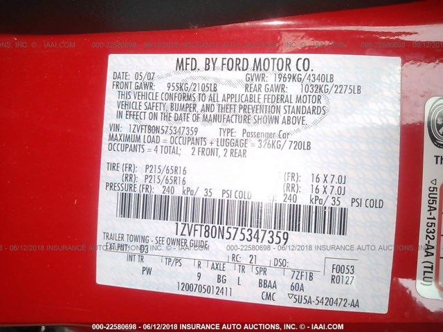 1ZVFT80N575347359 - 2007 FORD MUSTANG RED photo 9