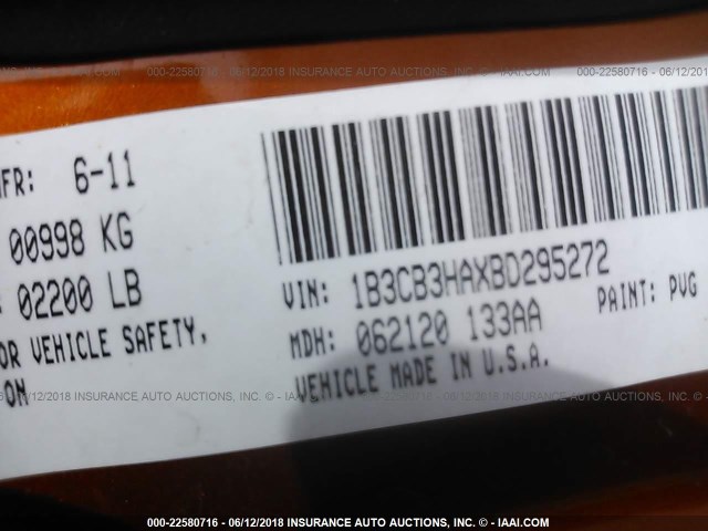 1B3CB3HAXBD295272 - 2011 DODGE CALIBER MAINSTREET ORANGE photo 9