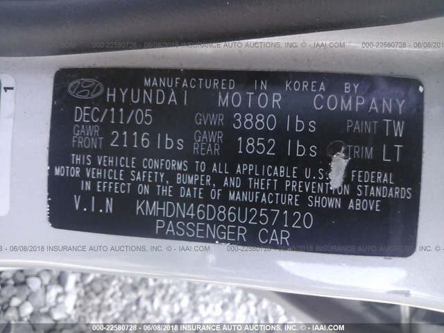 KMHDN46D86U257120 - 2006 HYUNDAI ELANTRA GLS/GT/LIMITED SILVER photo 9