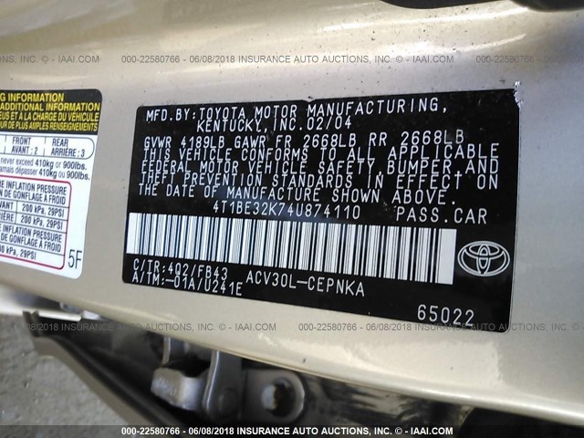 4T1BE32K74U874110 - 2004 TOYOTA CAMRY LE/XLE/SE თაფლისფერი ფოტო 9