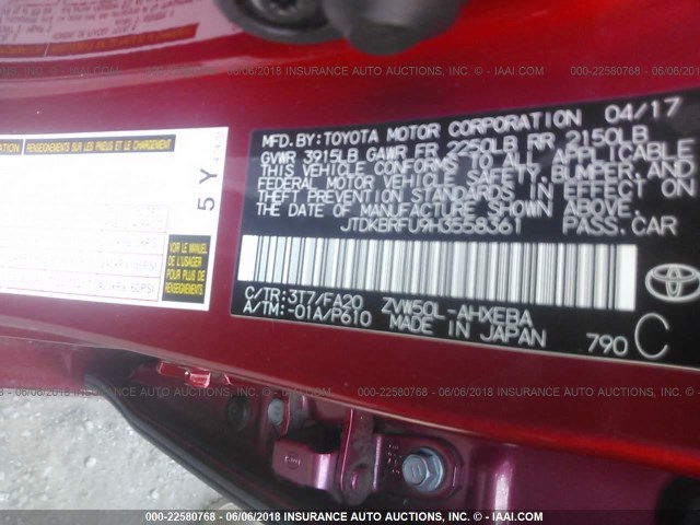 JTDKBRFU9H3558361 - 2017 TOYOTA PRIUS RED photo 9