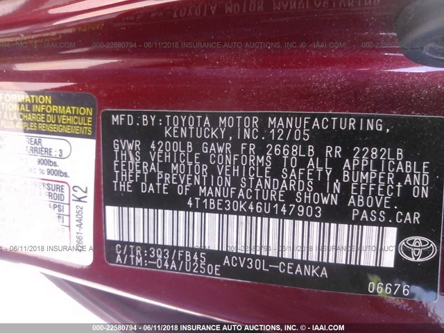 4T1BE30K46U147903 - 2006 TOYOTA CAMRY LE/XLE/SE Qırmızı foto 9