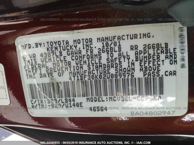 4T1BF30K02U009976 - 2002 TOYOTA CAMRY LE/XLE/SE 红色 照片 9