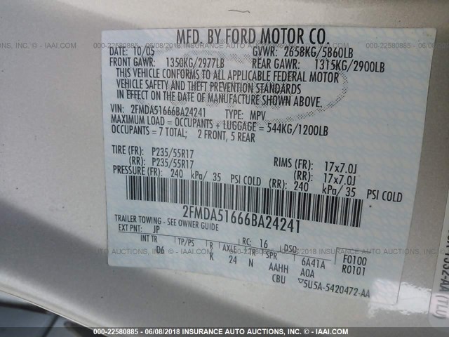 2FMDA51666BA24241 - 2006 FORD FREESTAR SE SILVER photo 9