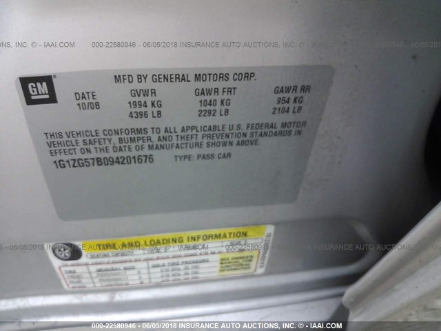 1G1ZG57B094201676 - 2009 CHEVROLET MALIBU LS GRAY photo 9