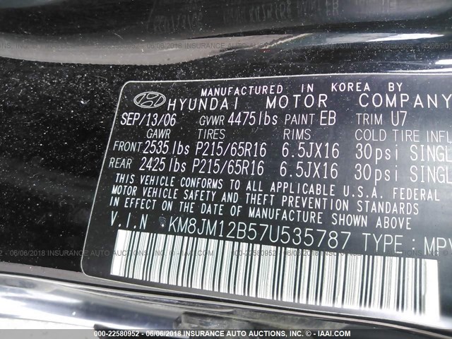 KM8JM12B57U535787 - 2007 HYUNDAI TUCSON GLS BLACK photo 9