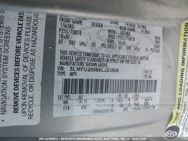 5LMFU28566LJ23506 - 2006 LINCOLN NAVIGATOR GRAY photo 9