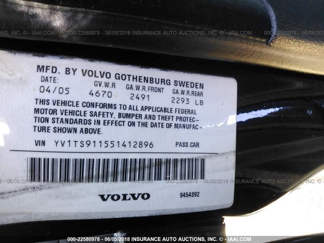 YV1TS911551412896 - 2005 VOLVO S80 T6 TURBO BLACK photo 9