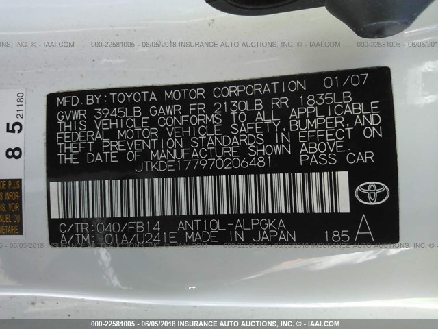 JTKDE177970206481 - 2007 TOYOTA SCION TC 白色 照片 9