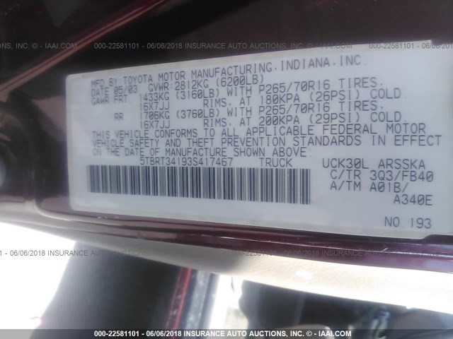 5TBRT34193S417467 - 2003 TOYOTA TUNDRA ACCESS CAB SR5 BURGUNDY photo 9