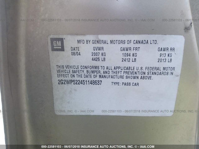 2G2WP522451148637 - 2005 PONTIAC GRAND PRIX GOLD photo 9