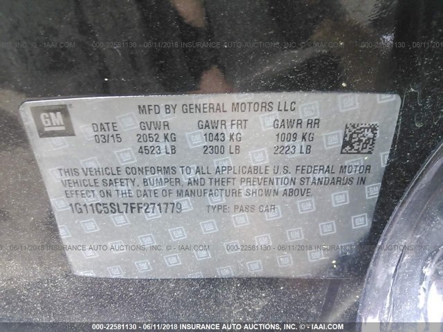 1G11C5SL7FF271779 - 2015 CHEVROLET MALIBU 1LT 灰色 照片 9