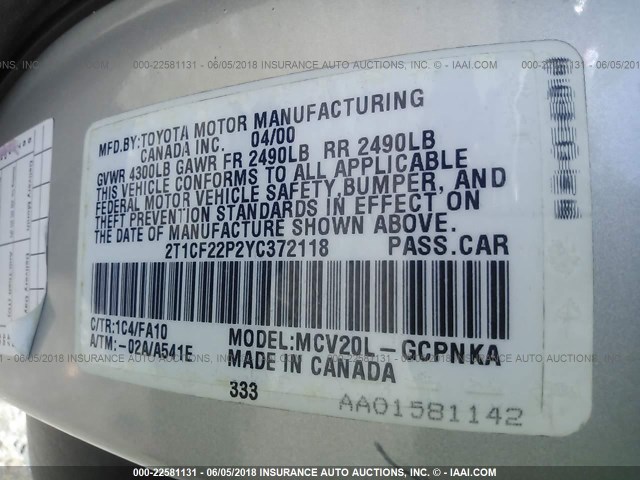 2T1CF22P2YC372118 - 2000 TOYOTA CAMRY SOLARA SE/SLE ვერცხლისფერი ფოტო 9