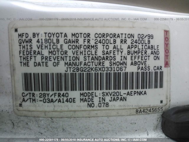 JT2BG22K6X0331067 - 1999 TOYOTA CAMRY LE/XLE WHITE photo 9