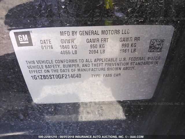 1G1ZB5ST0GF214640 - 2016 CHEVROLET MALIBU LS BLACK photo 9