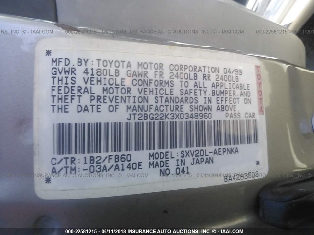 JT2BG22K3X0348960 - 1999 TOYOTA CAMRY LE/XLE SILVER photo 9