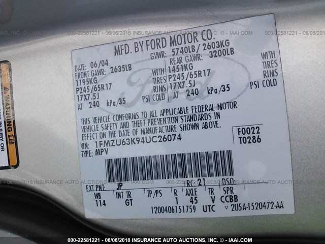 1FMZU63K94UC26074 - 2004 FORD EXPLORER XLT/XLT SPORT/NBX 银色 照片 9