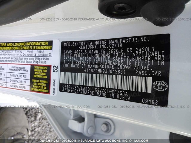 4T1BZ1HK9JU012681 - 2018 TOYOTA CAMRY XSE/XLE WHITE photo 9