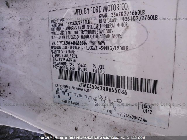 2FMZA506X4BA65086 - 2004 FORD FREESTAR S WHITE photo 9