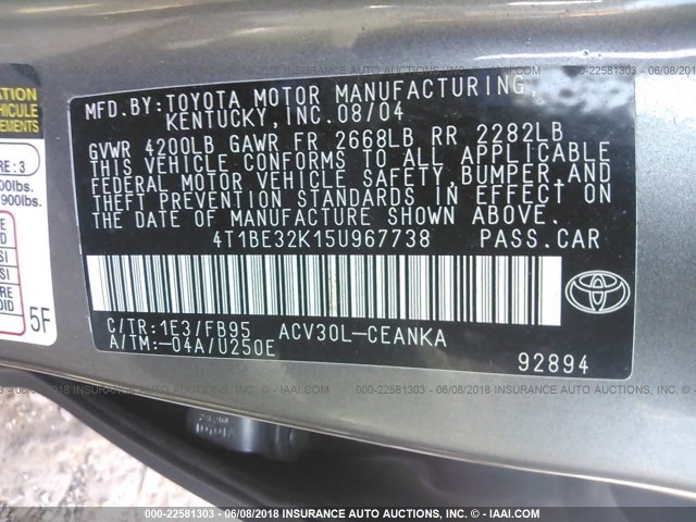 4T1BE32K15U967738 - 2005 TOYOTA CAMRY LE/XLE/SE Boz foto 9