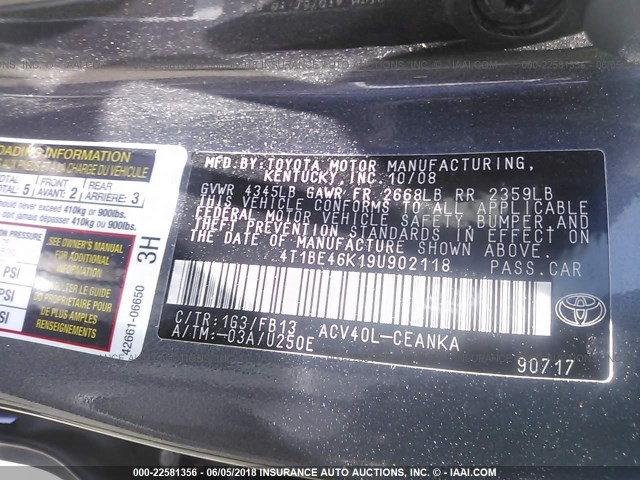 4T1BE46K19U902118 - 2009 TOYOTA CAMRY SE/LE/XLE GRAY photo 9