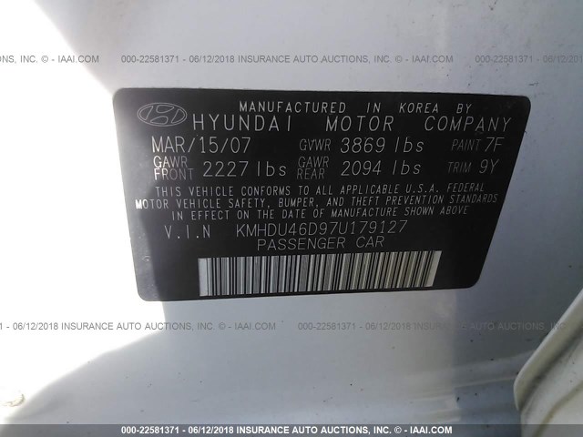 KMHDU46D97U179127 - 2007 HYUNDAI ELANTRA GLS/SE/LIMITED WHITE photo 9