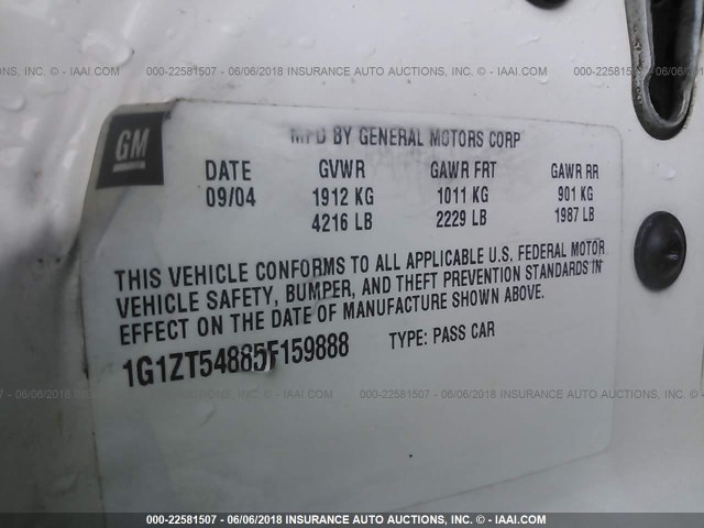 1G1ZT54885F159888 - 2005 CHEVROLET MALIBU LS WHITE photo 9