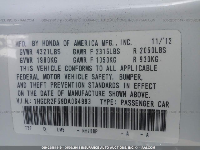 1HGCR2F59DA064993 - 2013 HONDA ACCORD SPORT თეთრი ფოტო 9