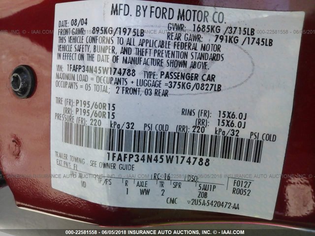 1FAFP34N45W174788 - 2005 FORD FOCUS ZX4 RED photo 9
