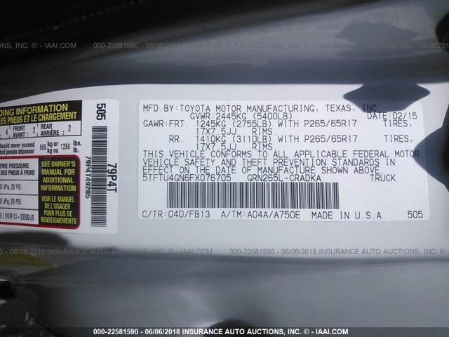 5TFTU4GN6FX076705 - 2015 TOYOTA TACOMA PRERUNNER ACCESS CAB WHITE photo 9