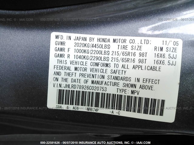 JHLRD78926C020753 - 2006 HONDA CR-V SE/EX GRAY photo 9