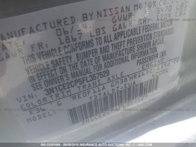 3N1CE2CP5FL357529 - 2015 NISSAN VERSA NOTE S/S PLUS/SV/SL/SR GRAY photo 9