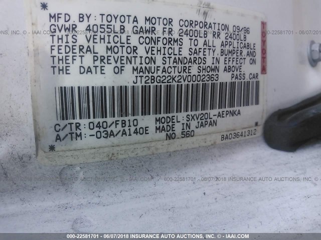 JT2BG22K2V0002363 - 1997 TOYOTA CAMRY LE/XLE WHITE photo 9